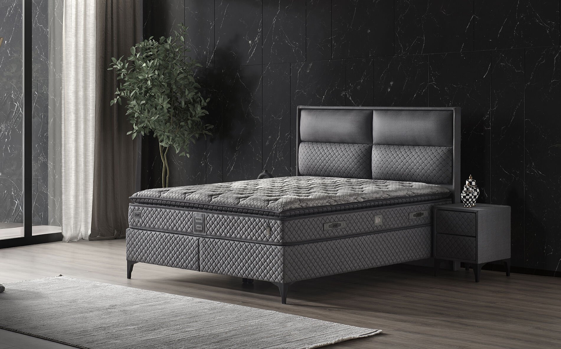 Royal 150x200 Çift Kişilik Yatak, Baza, Başlık Seti