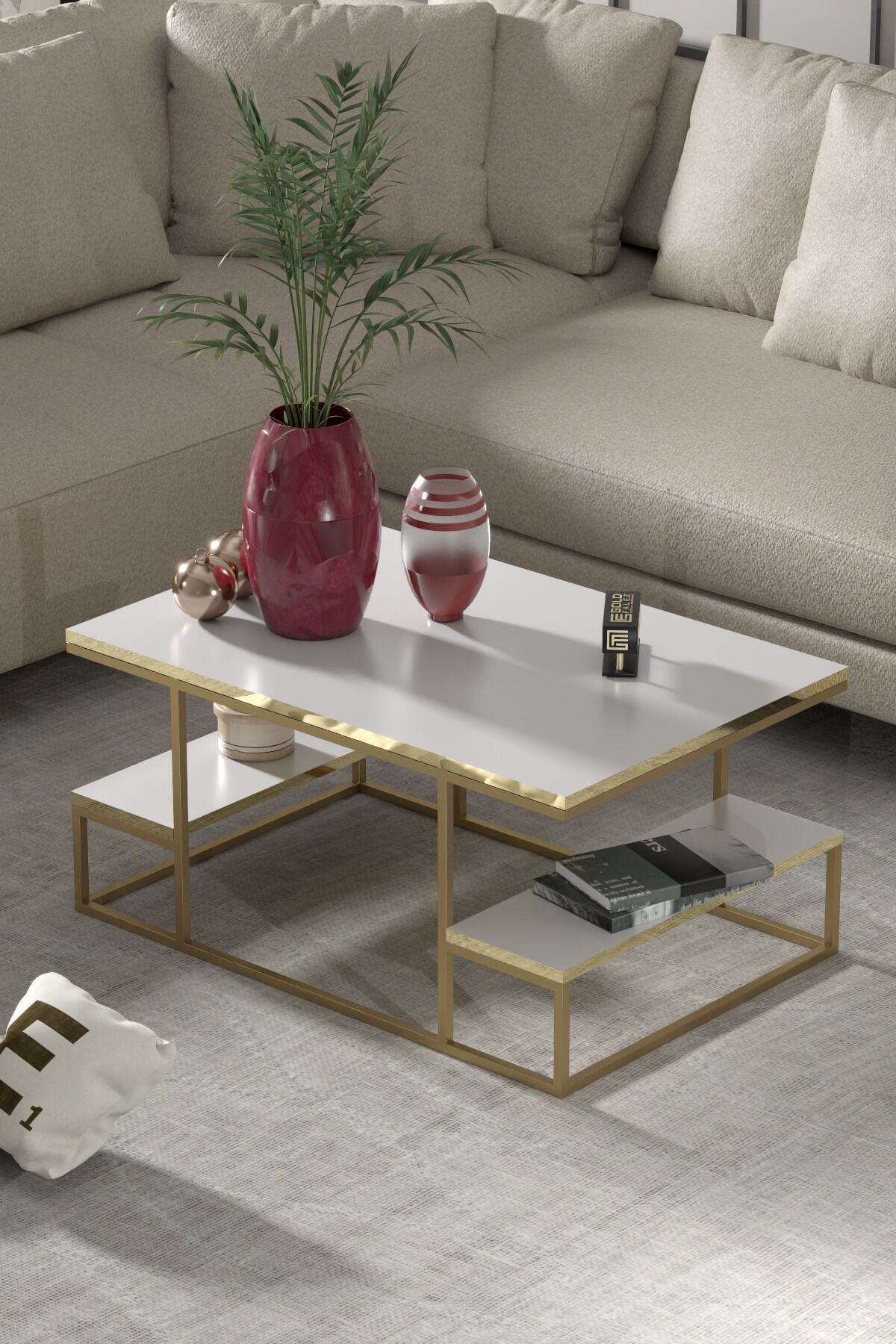 MD Delux Orta Sehpa Gold Beyaz 90x60 cm