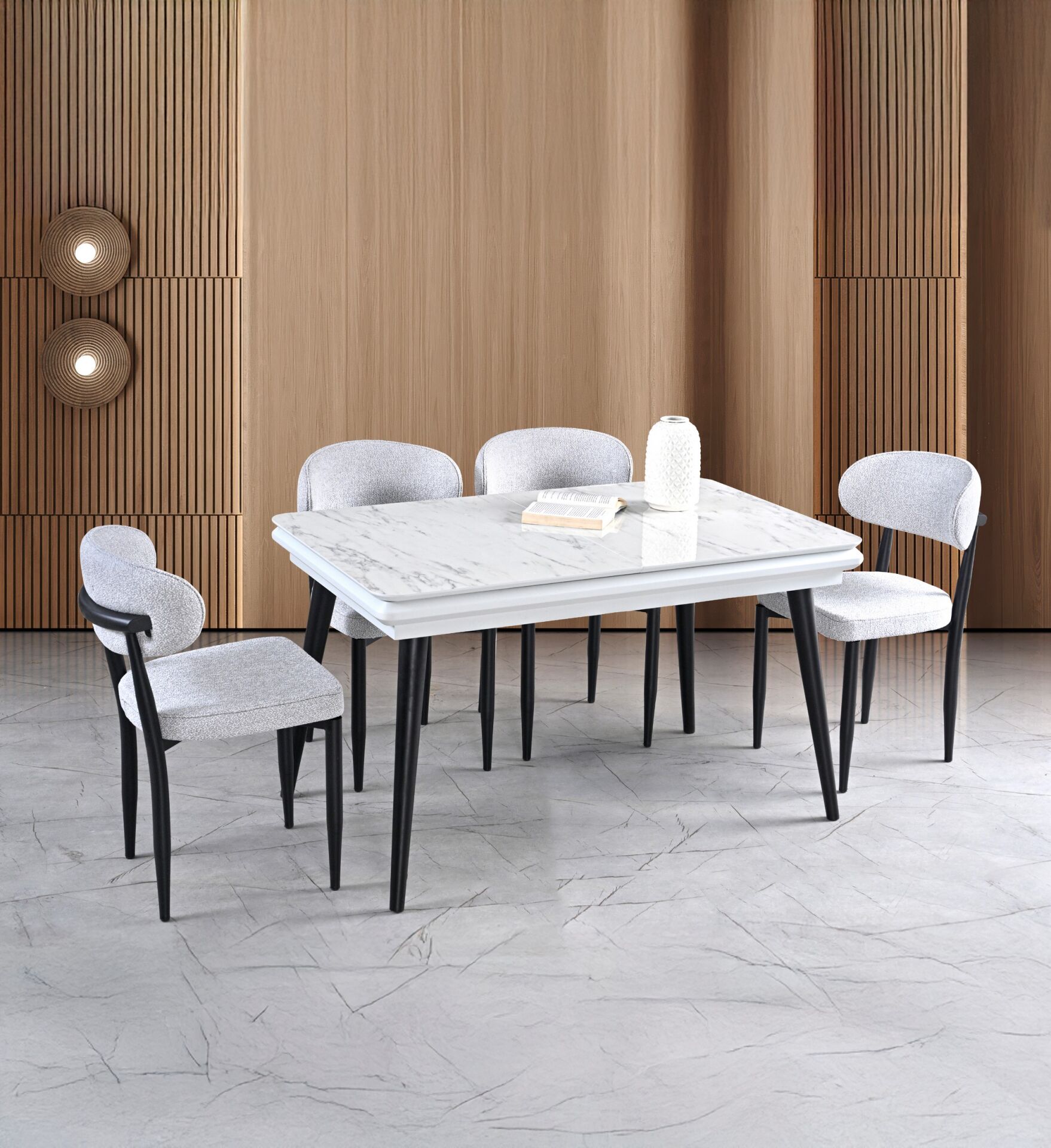 Stil Açılır Masa 4 Sandalye % 100 MDF Beyaz Mermer TN0629