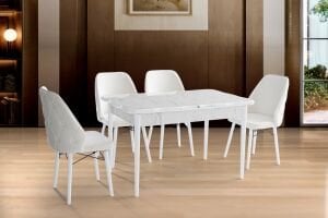 Yener 4 Sandalyeli % 100 MDF Masa Takımı Beyaz Mermer TN0634
