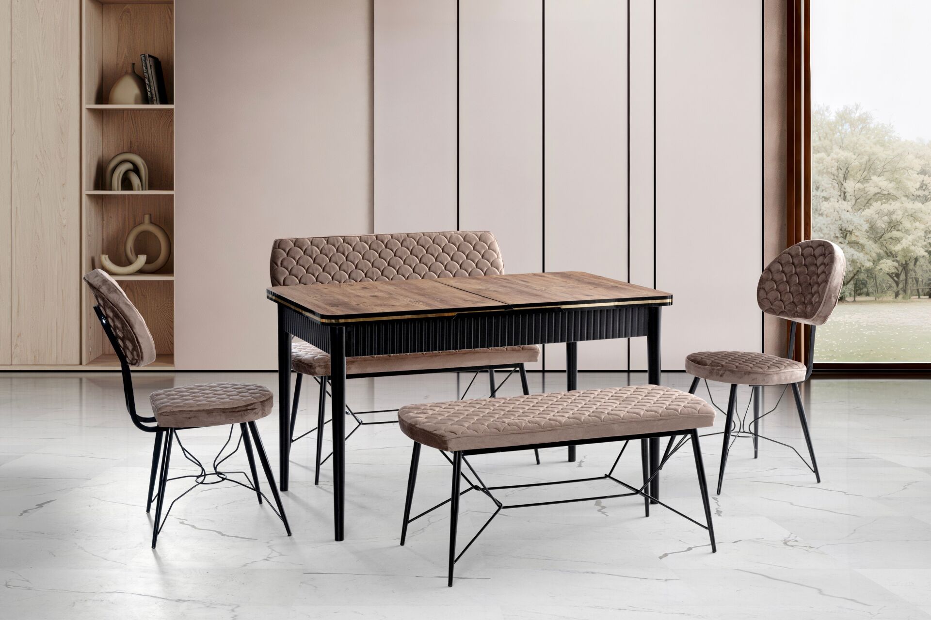Yaz Bench Table Chair Set Walnut TN0636