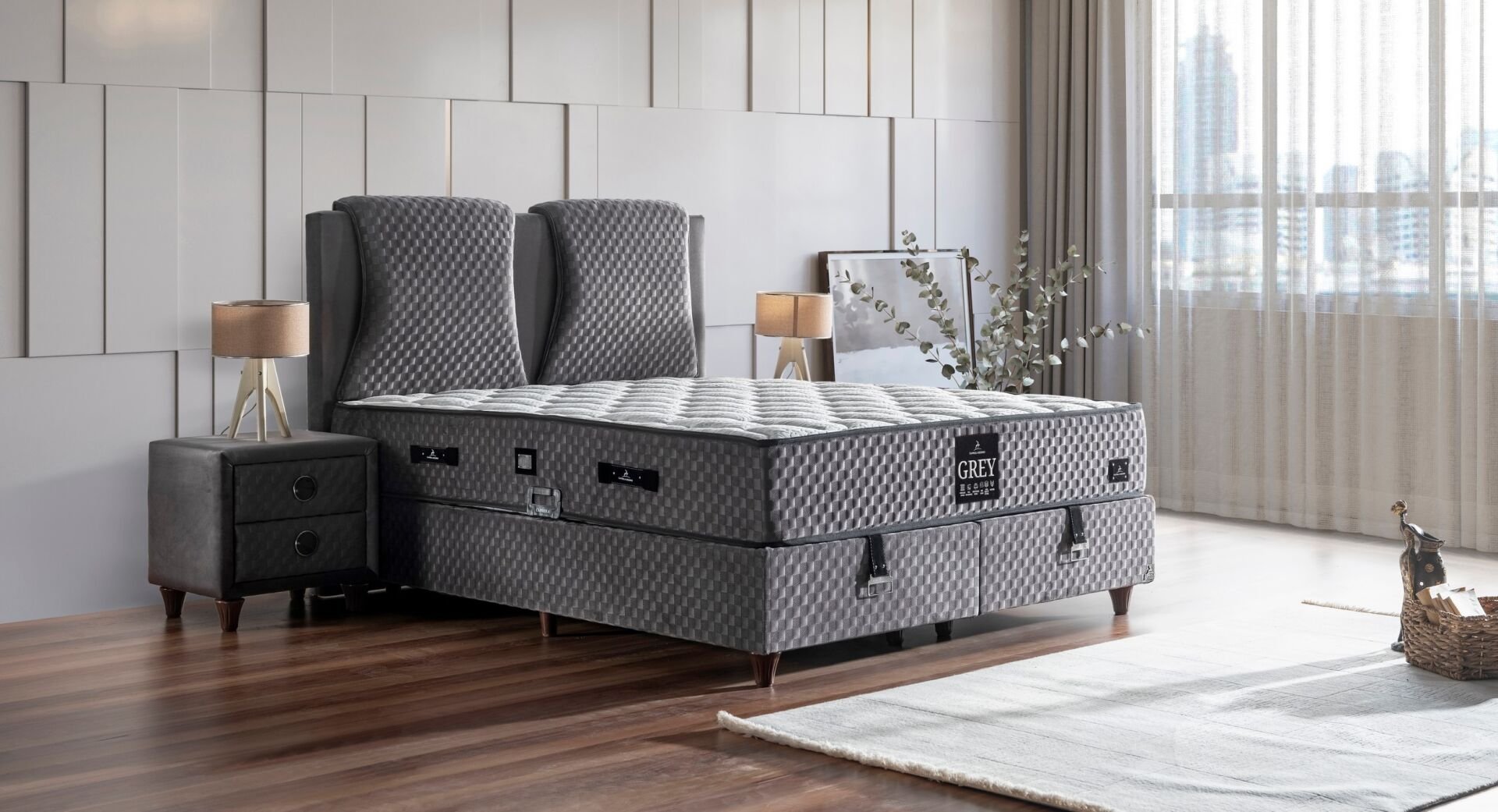 Grey Sleep 200x200 Çift Kişilik Yatak, Baza, Başlık Seti CP1028