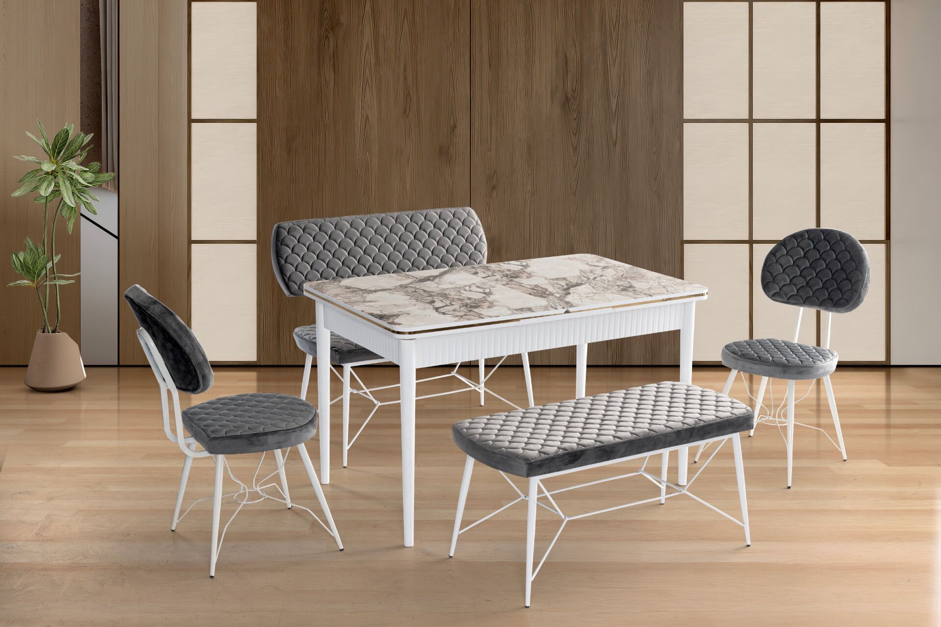 Yaz Bench Table Chair Set White Marble TN0637