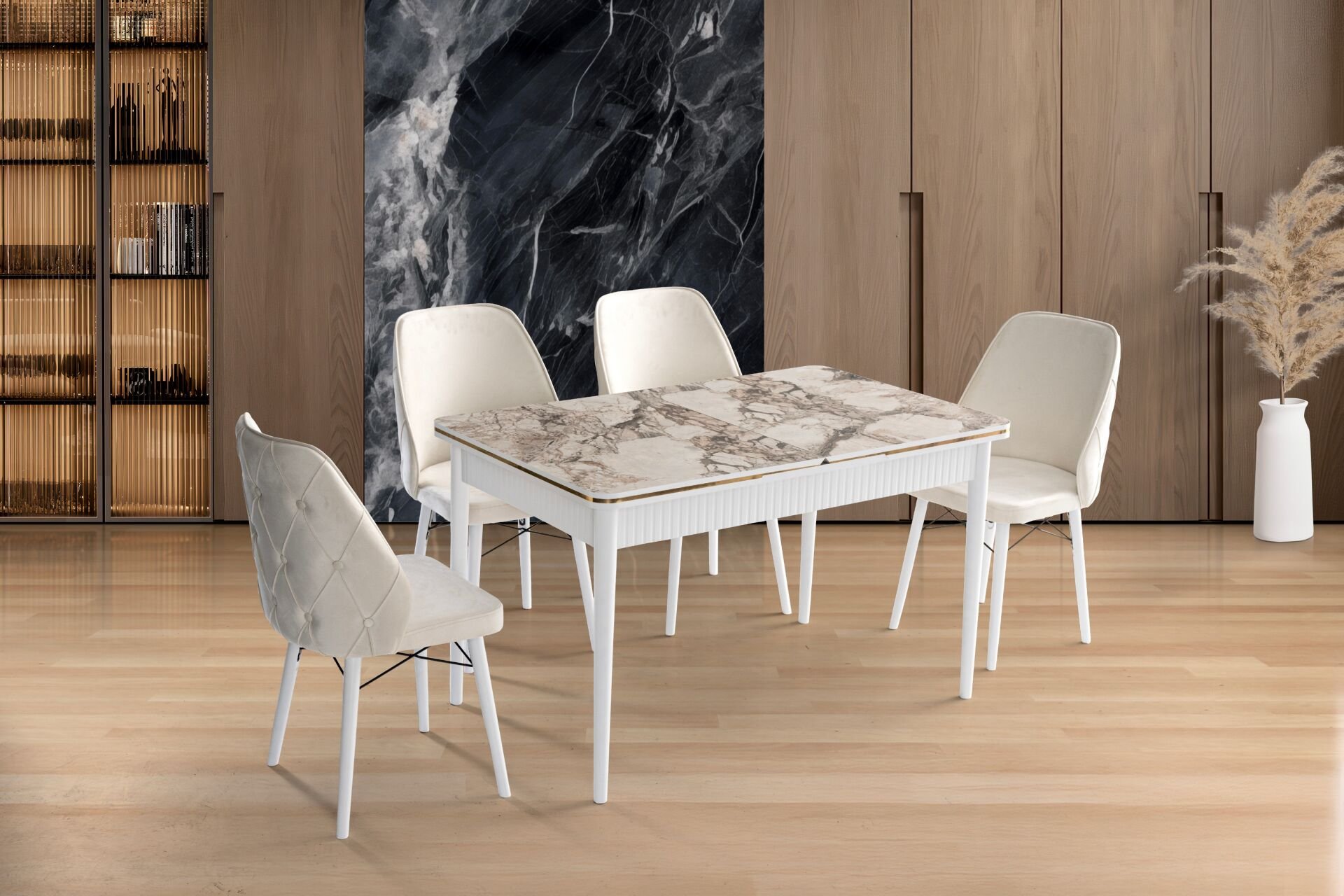 Aras Masa Sandalye Takımı Beyaz Mermer TN0639