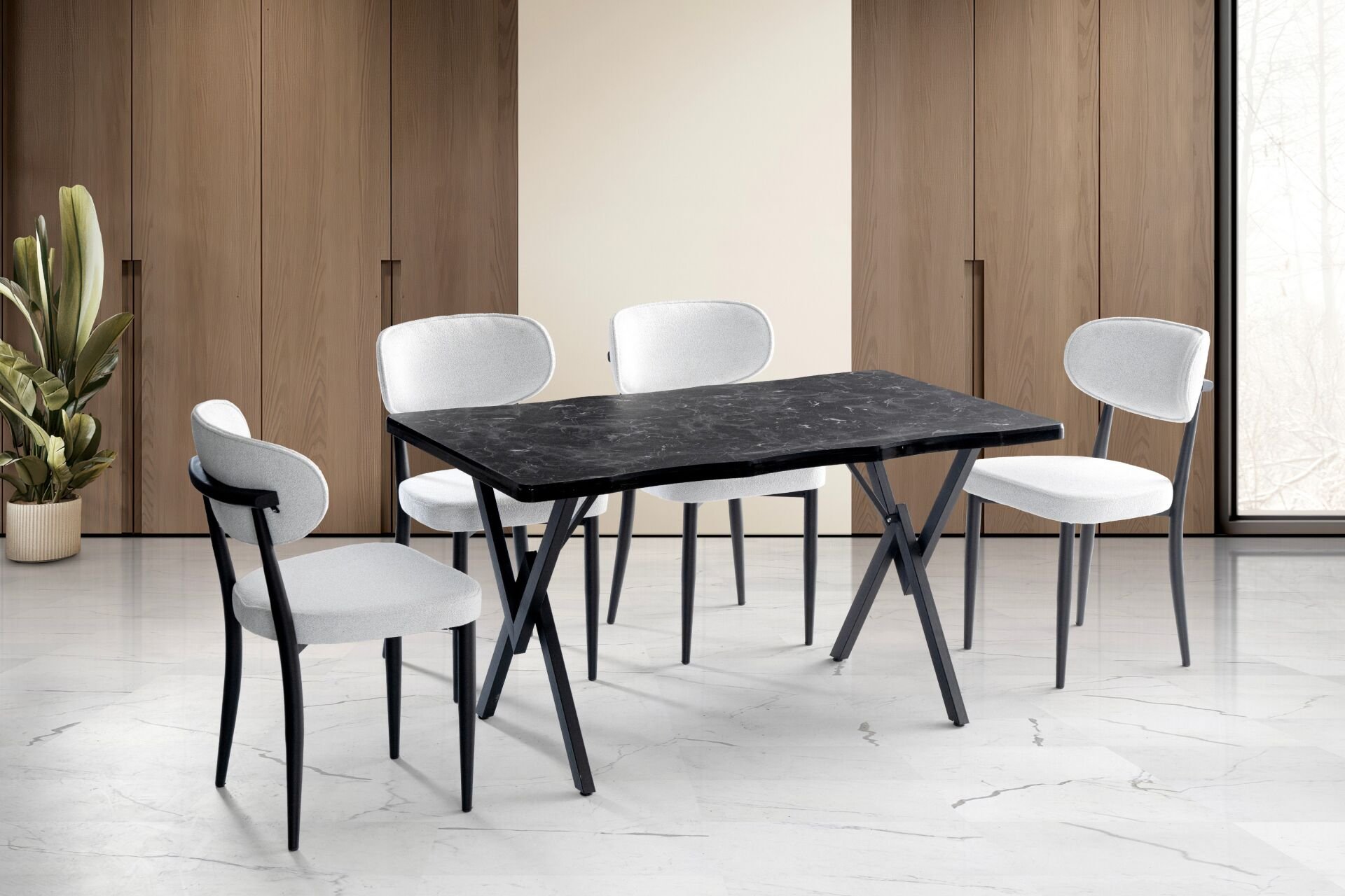 Kütük 4 Sandalyeli Masa Takımı Siyah Mermer TN0642