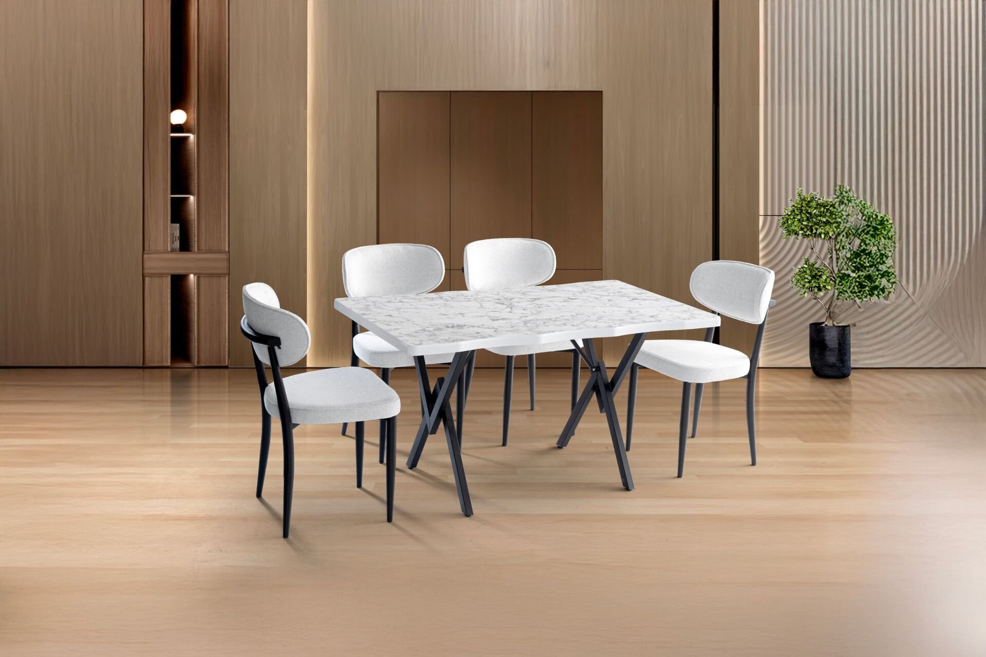 Kütük 4 Sandalyeli Masa Takımı Beyaz Mermer TN0643