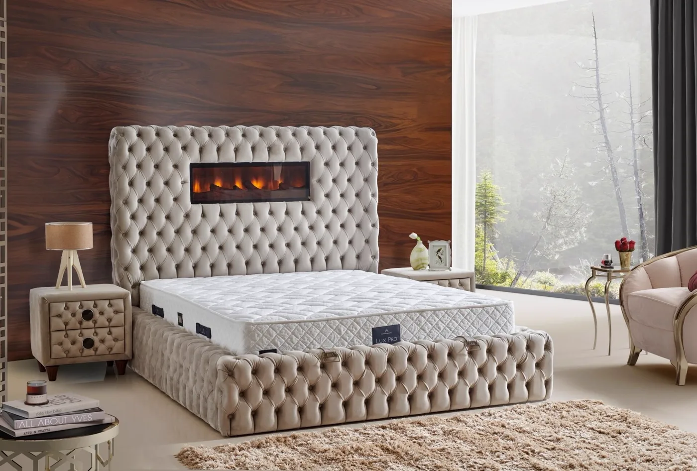 Şömineli Lux 150x200 Çift Kişilik Yatak, Baza, Başlık Seti