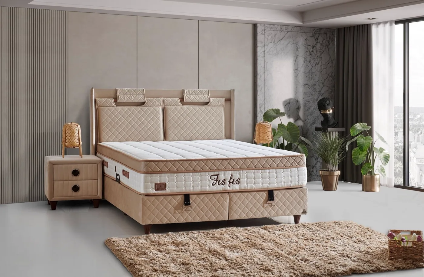 Fisfis Plus 180x200 Double Mattress, Divan Base, Headboard Set
