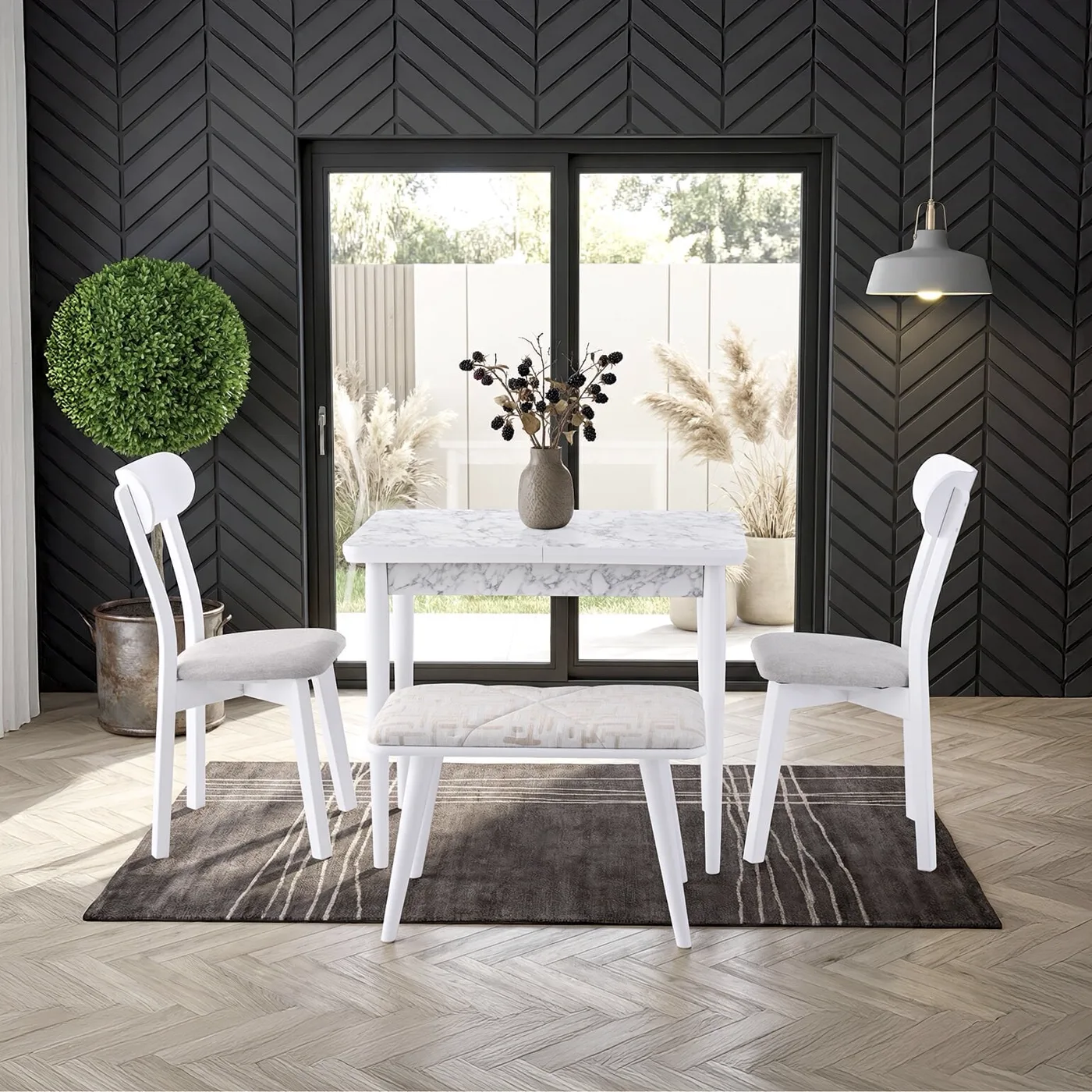 Izmir wit marmeren tafel en Izmir stoel en Ruya mini bankje set