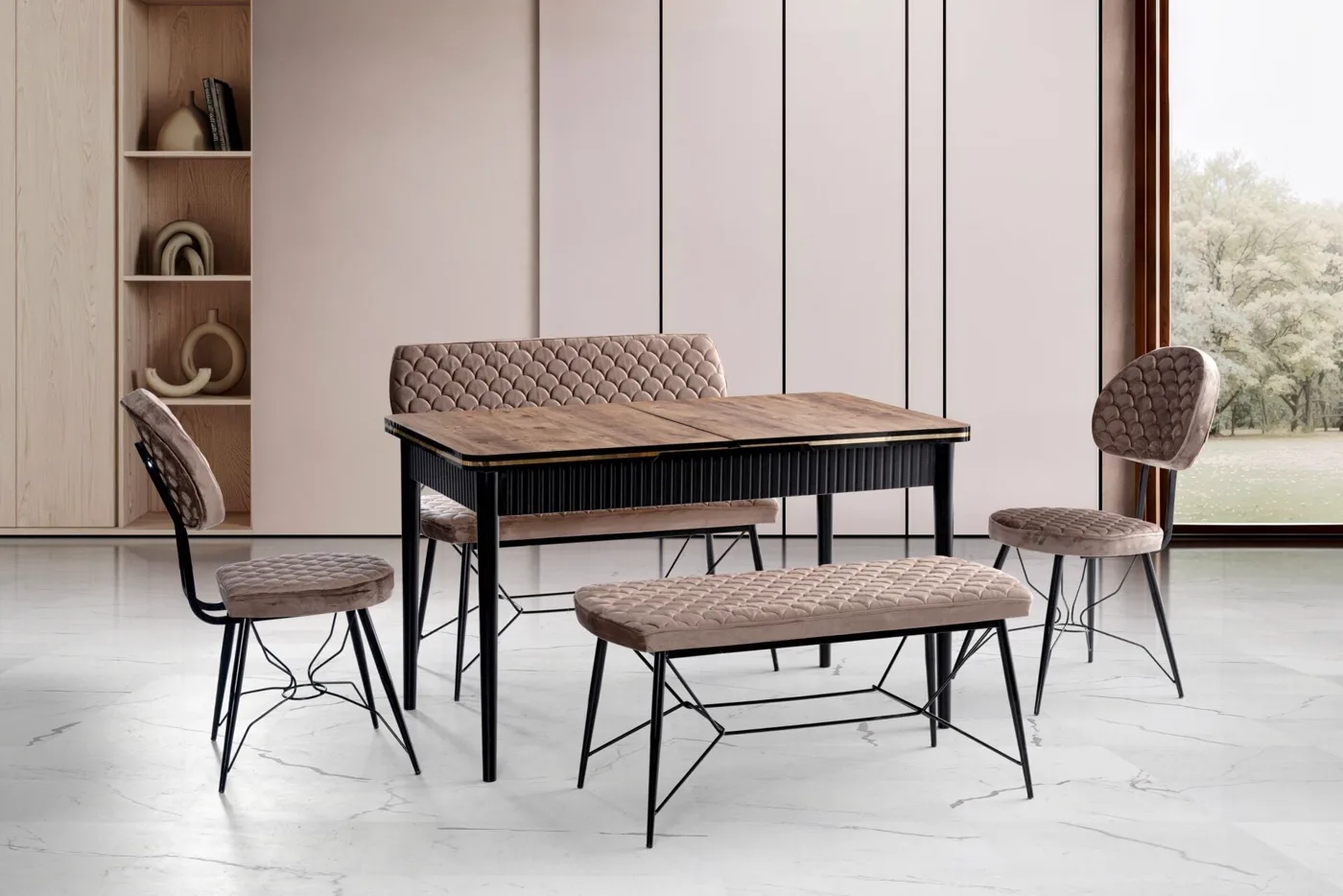 Yaz Bench Masa Sandalye Takımı Ceviz