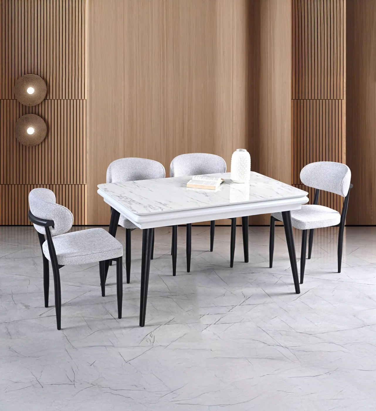 Stil Açılır Masa 4 Sandalye % 100 MDF Beyaz Mermer