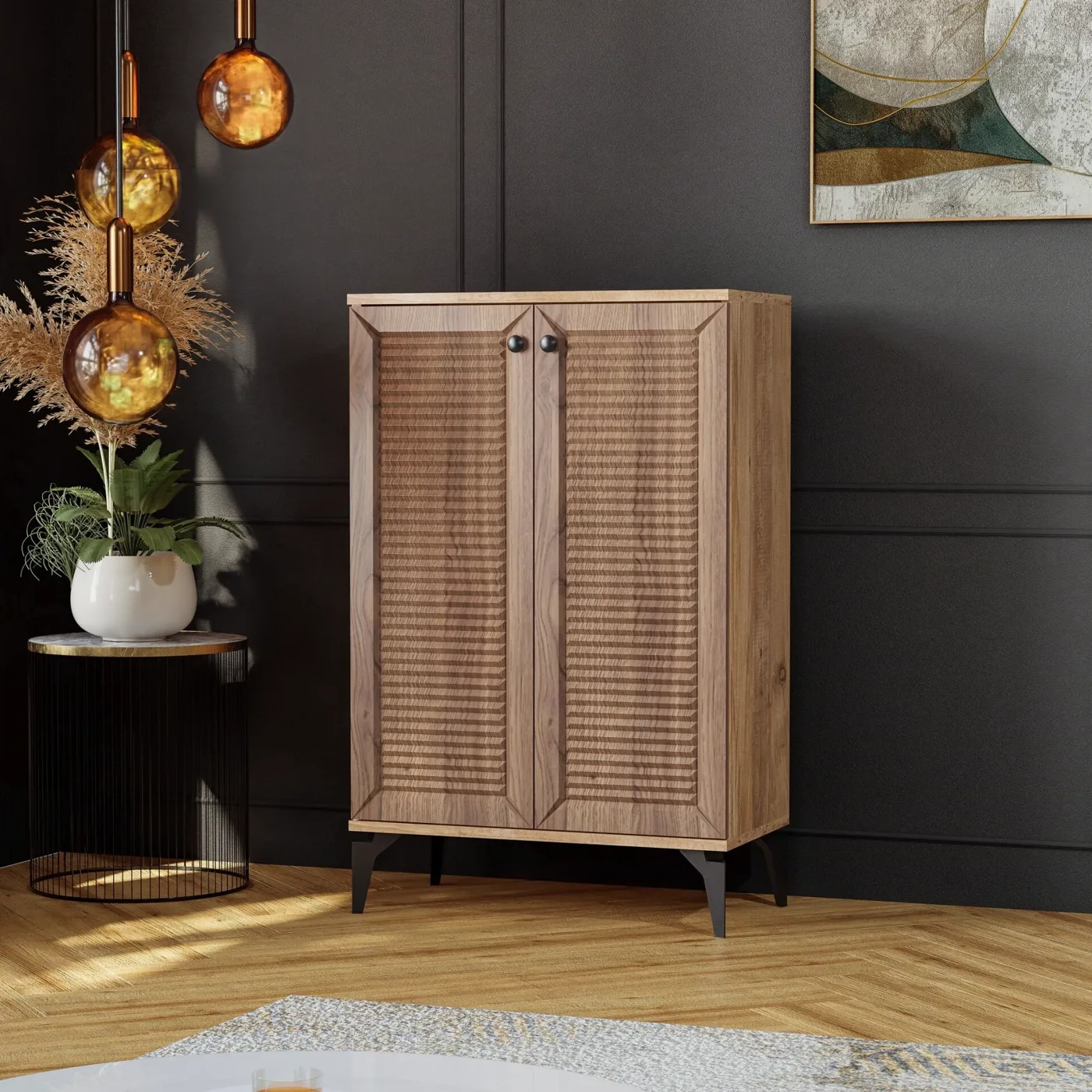 Naz Atlantic Pine - Walnut Shoe Cabinet with 2 Doors