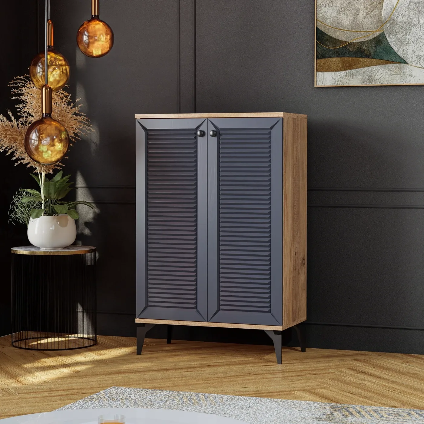 Naz Atlantic Pine Anthracite Shoe Cabinet with 2 Doors