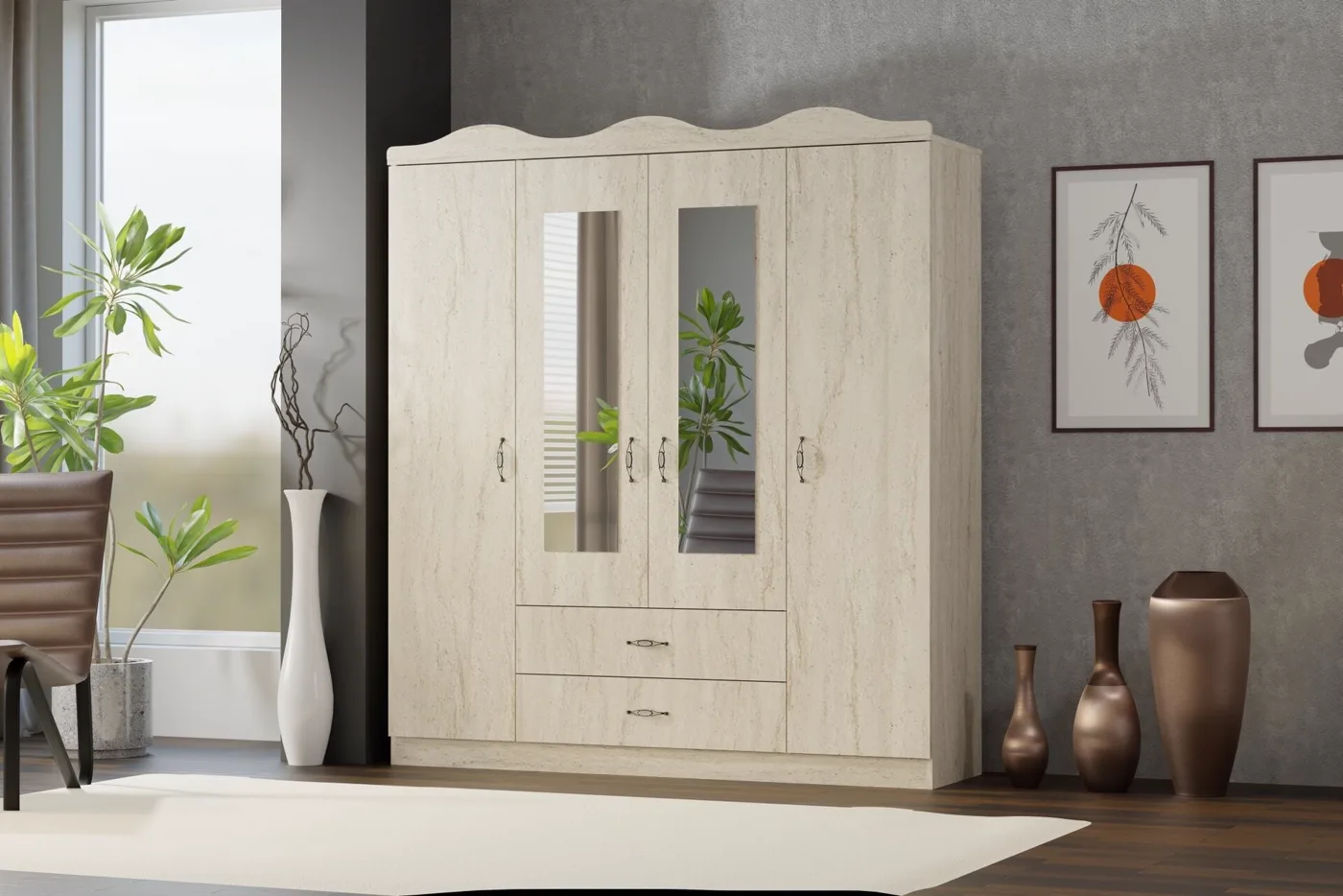 Armoire 4 portes couronnée - travertin