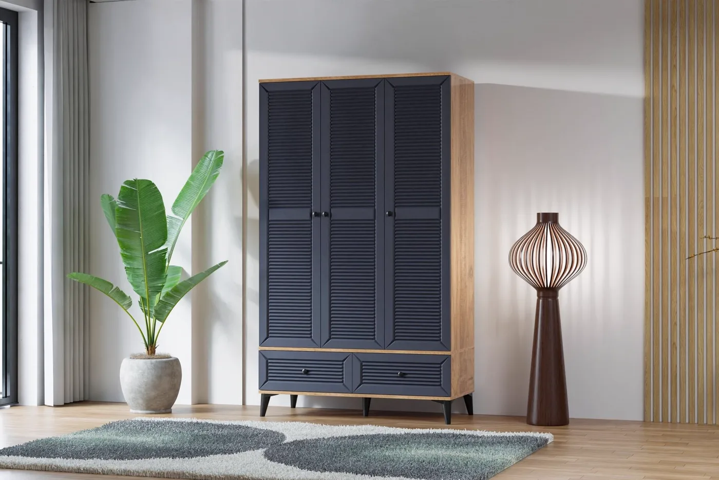 Armoire Carina Naz 3 portes - pin atlantique / anthracite