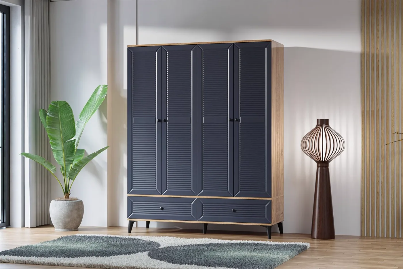 Armoire Carina Naz 4 portes - pin atlantique / anthracite