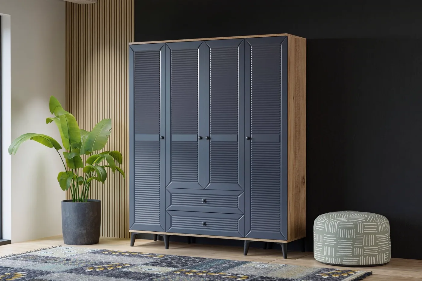 Armoire Naz 4 portes - pin atlantique / anthracite