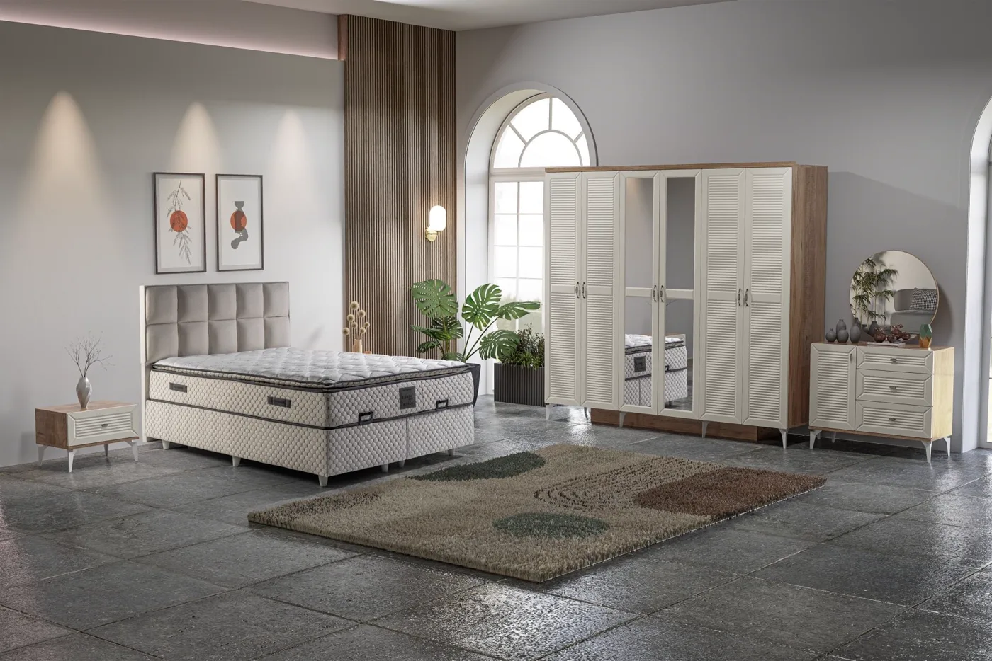 Naz Bedroom Set 100% MDF - Atlantic Pine / Moonstone