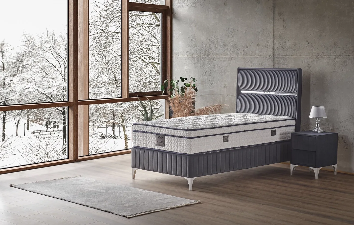 Silver 90x190 Einzel Matratze, Bettkasten (Boxspring-Unterbau), Kopfteil Set