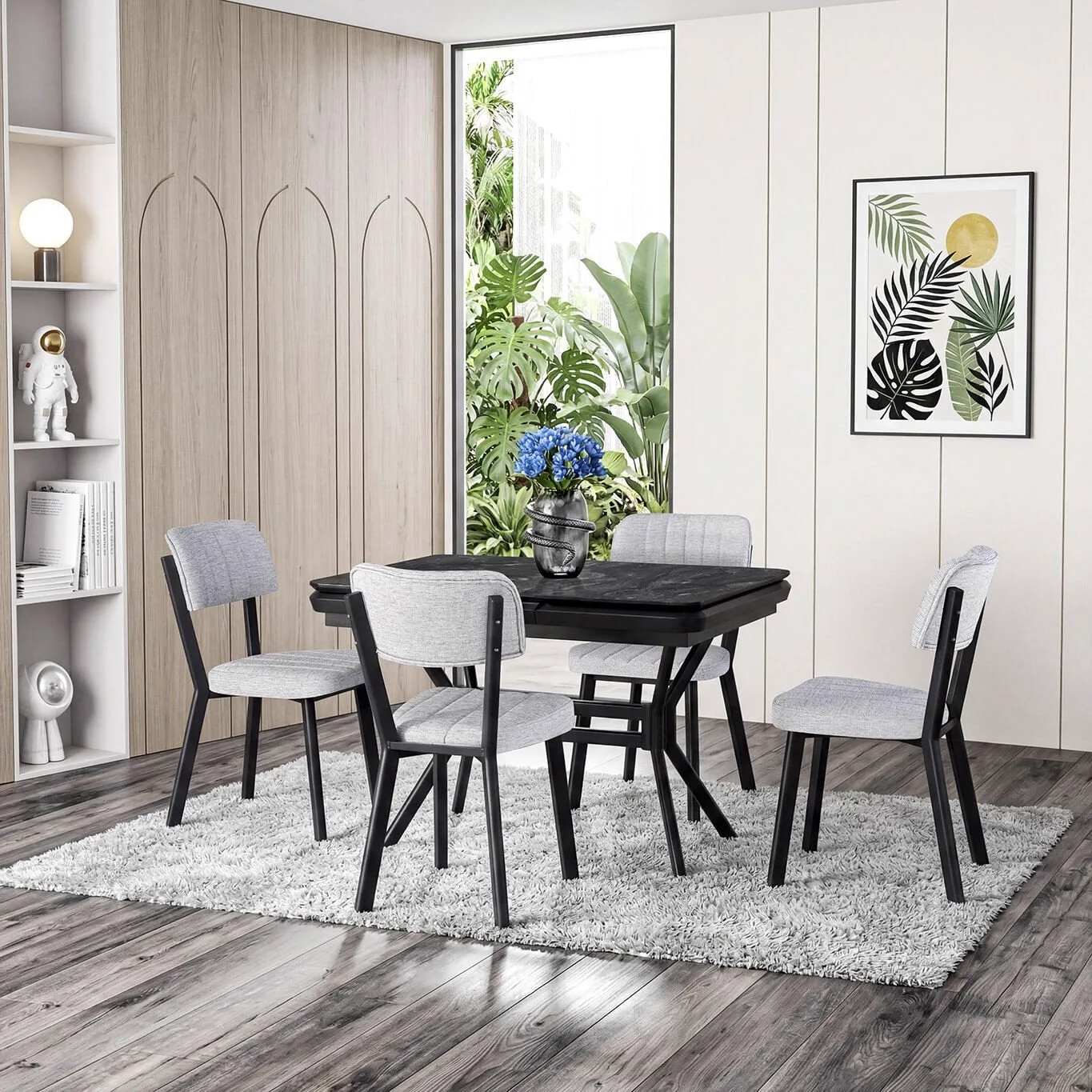 Ensemble table Tarz effet marbre noir et chaises Ceyda noires