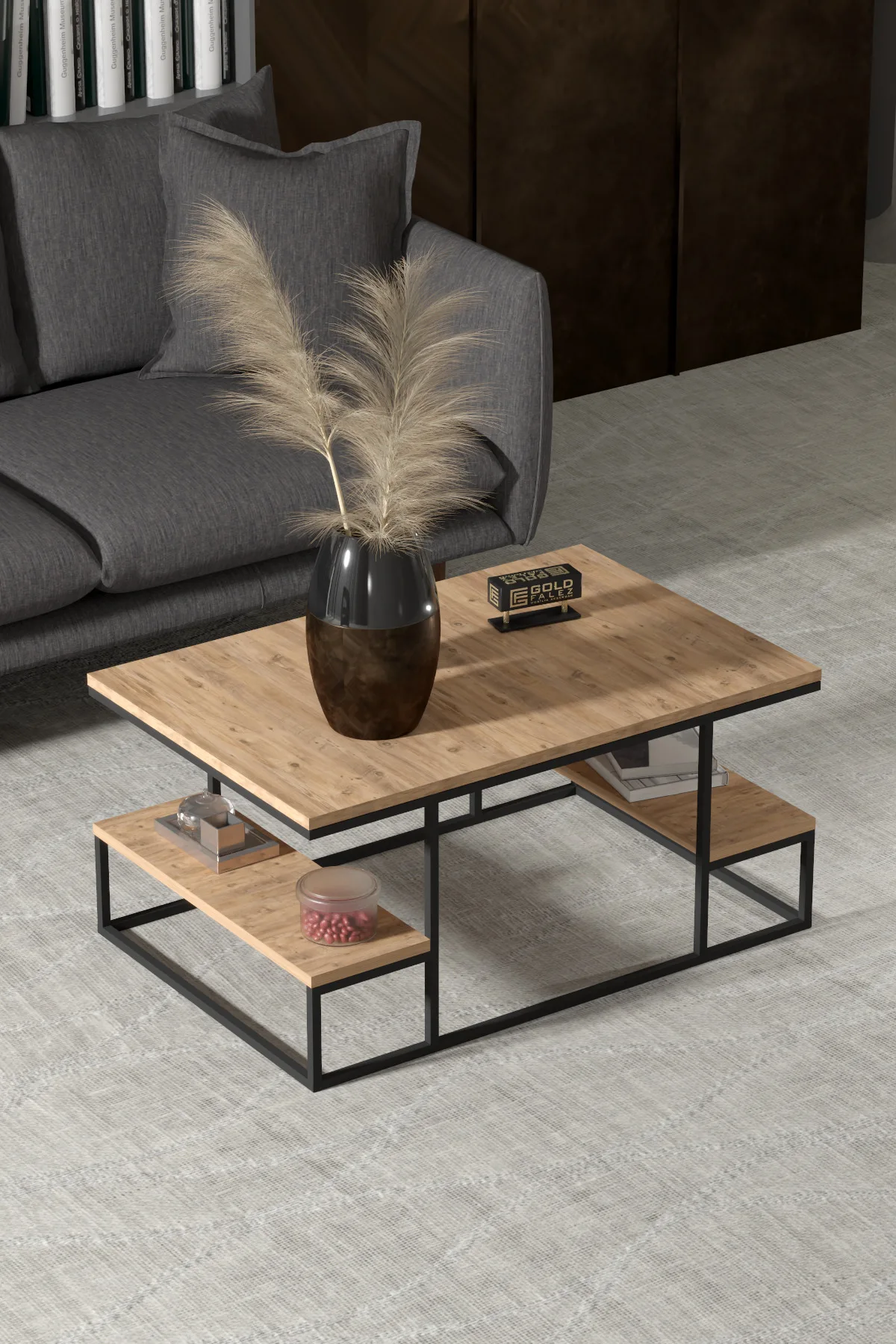 Deluxe Raflı Orta Sehpa Çam 90x60