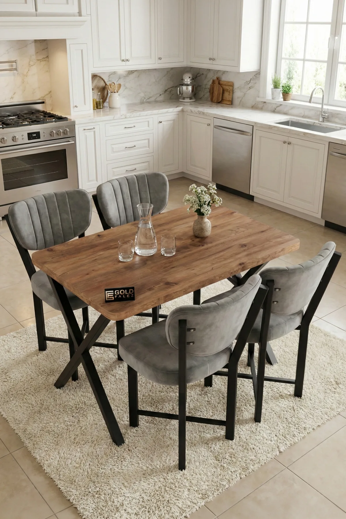 Mutfak Masası 4 Sandalyeli Set 110x70 cm Modern Masa Takımı Cafe Balkon Ofis Masa Elma 9884 Gri