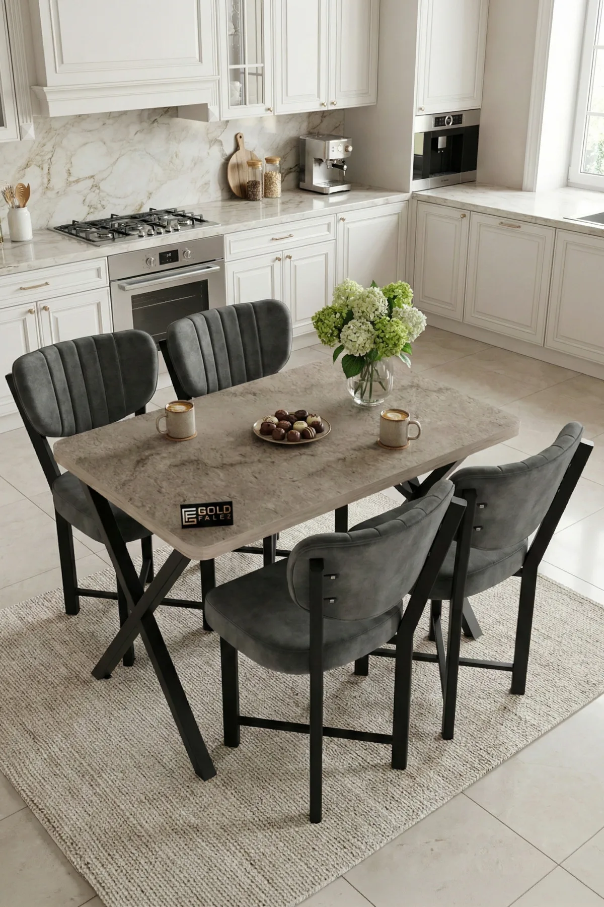 Mutfak Masası 4 Sandalyeli Set 110x70 cm Modern Masa Takımı Cafe Balkon Ofis Masa Elma 9887 Anstrast