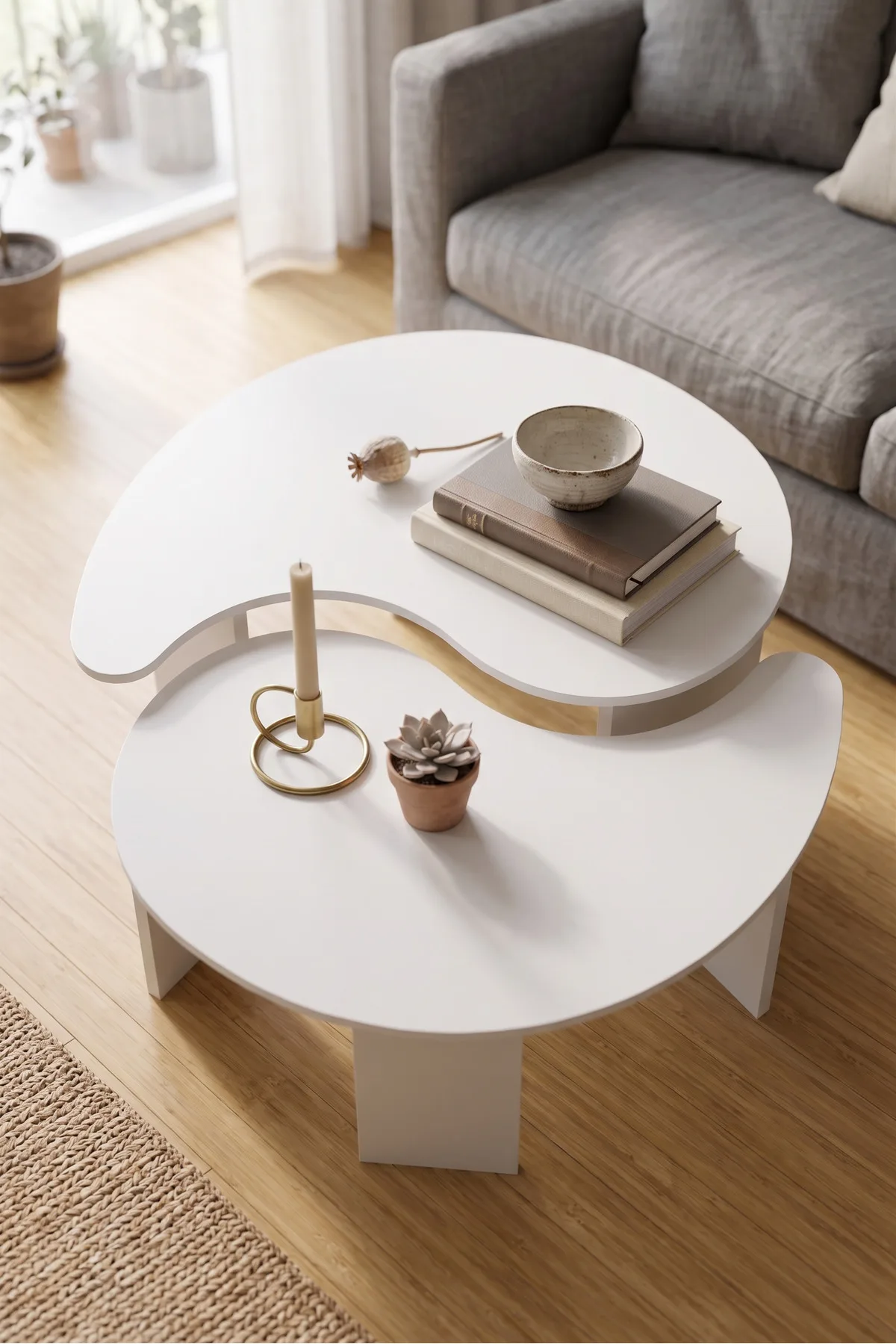 Orta Sehpa 2'li Sehpa Seti Oval Modern Dekoratif Salon Oturma Odası Sehpası Denge 9255 Beyaz