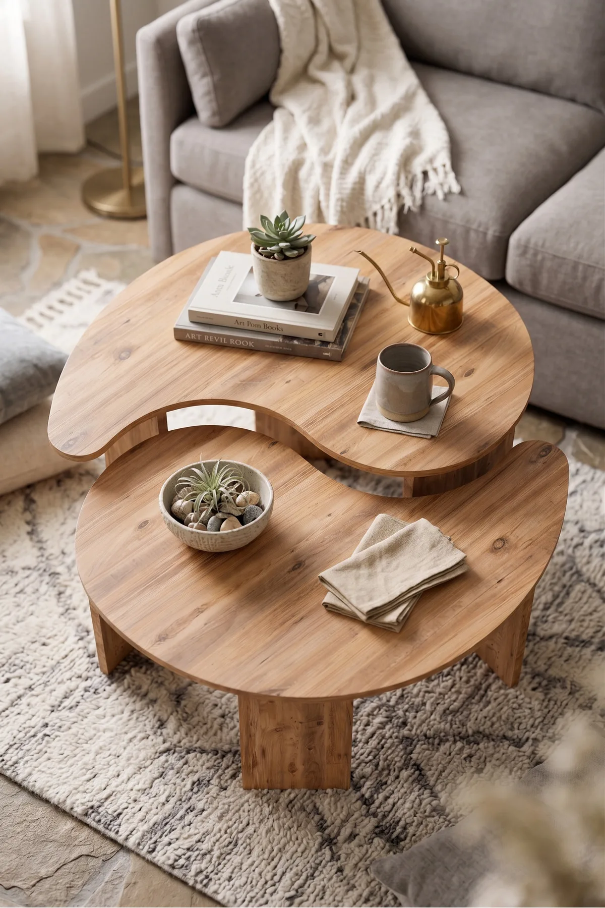 Orta Sehpa 2'li Sehpa Seti Oval Modern Dekoratif Salon Oturma Odası Sehpası Denge 9253 Atlantik Çam