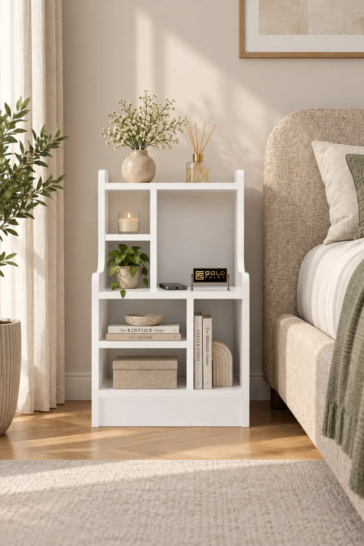 Komodin Raflı Kitaplık Çok Bölmeli Dekoratif Yan Sehpa Organizer Modern Yatak Odası Raf Ünitesi Nature 183 Beyaz