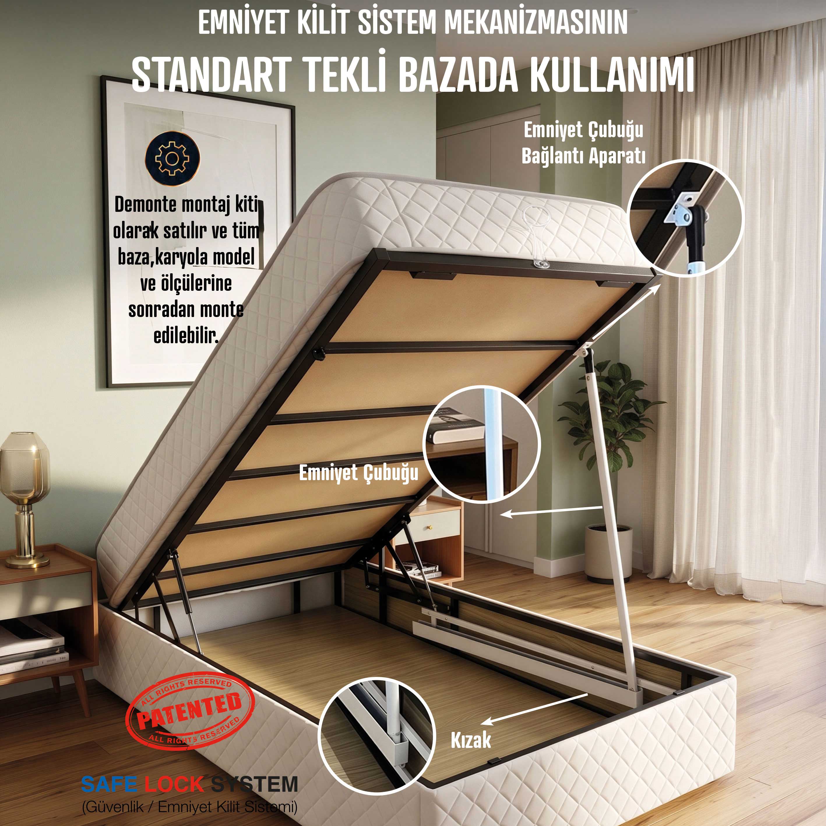 Tek Kişilik Baza Emniyet Kilit Sistemi Montaj Kiti – Patentli Güvenlik Mekanizması
